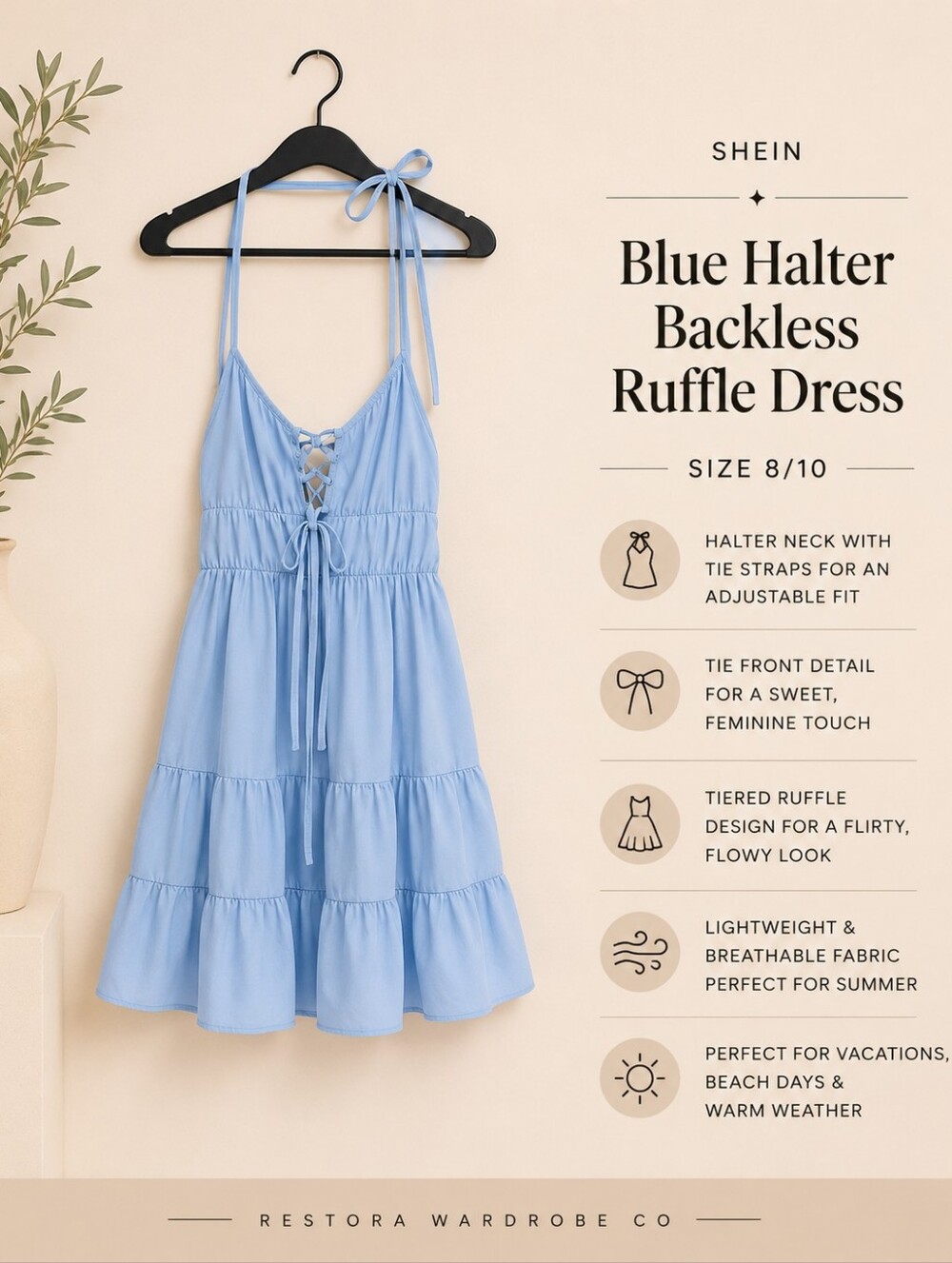 Blue Halter Backless Ruffle Dress | SHEIN Tie Front Summer Dress M/L
